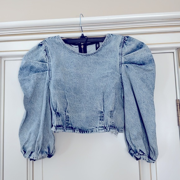 Zara Balloon Sleeve Denim Top Size M - Picture 6 of 7